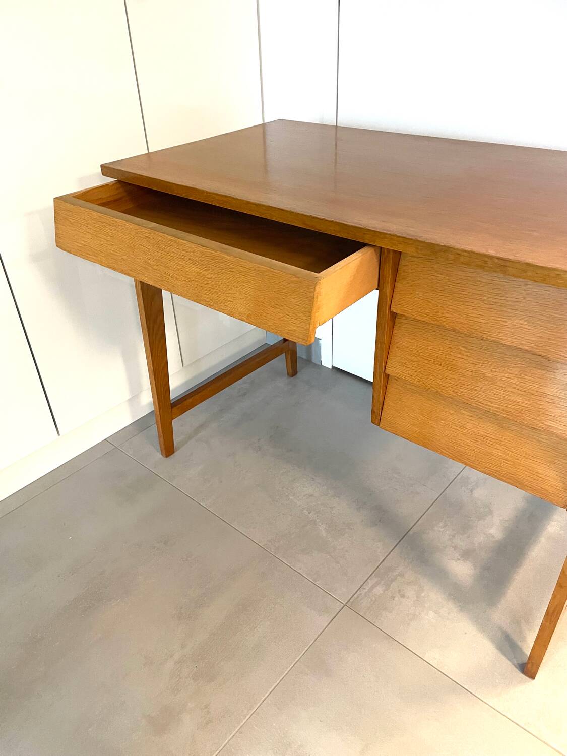 1950s modernist oak desk with compass legs