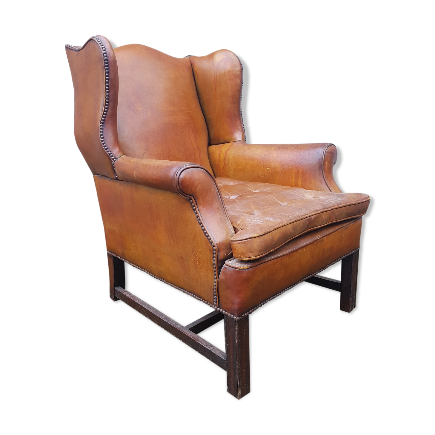 English fawn leather armchair with ears Chesterfield club
