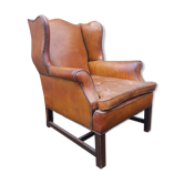 English fawn leather armchair with ears Chesterfield club