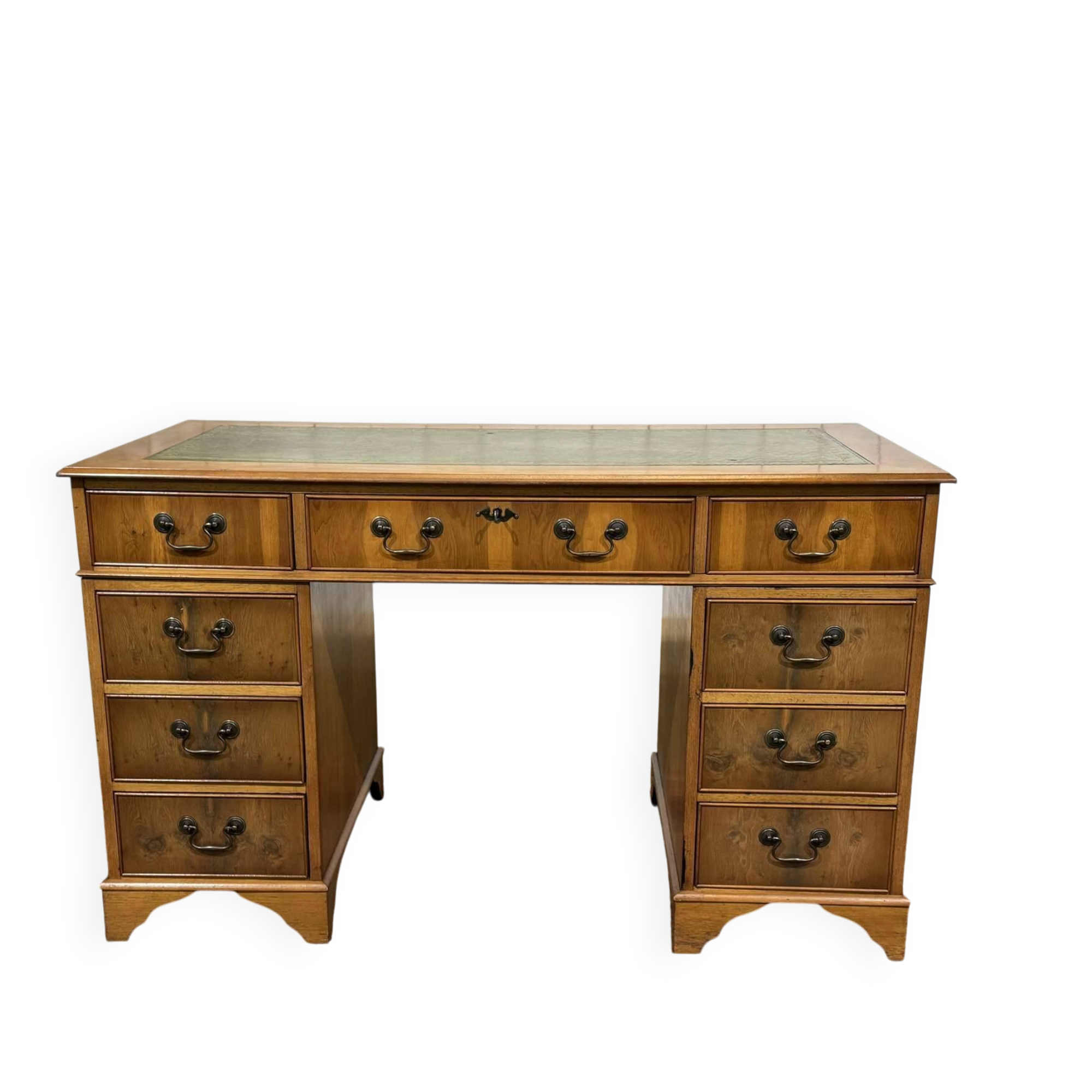 English flat desk with drawers from the 1970s in fir and leather top.