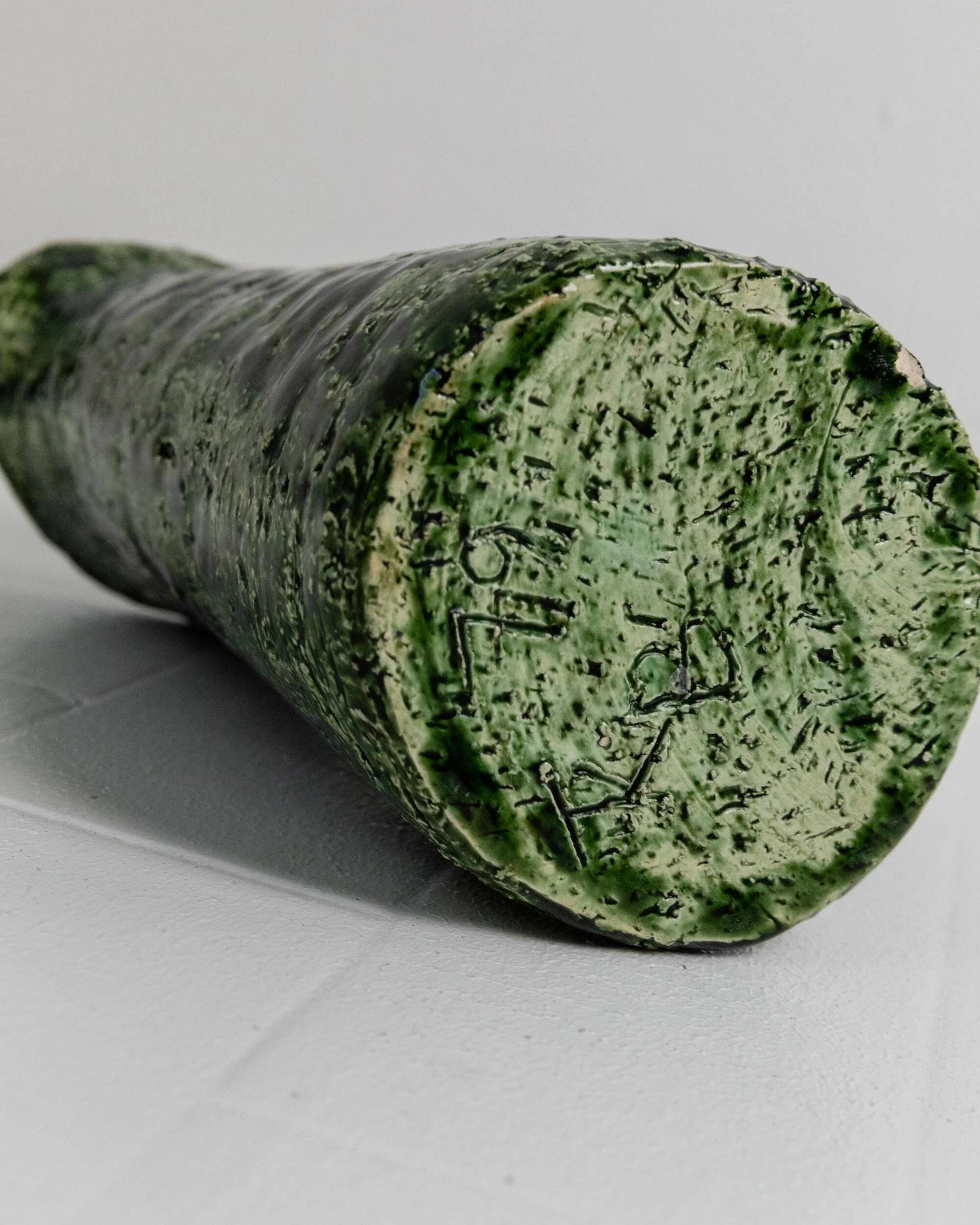 Vintage 1970s studio ceramic vase or pitcher, glazed green.