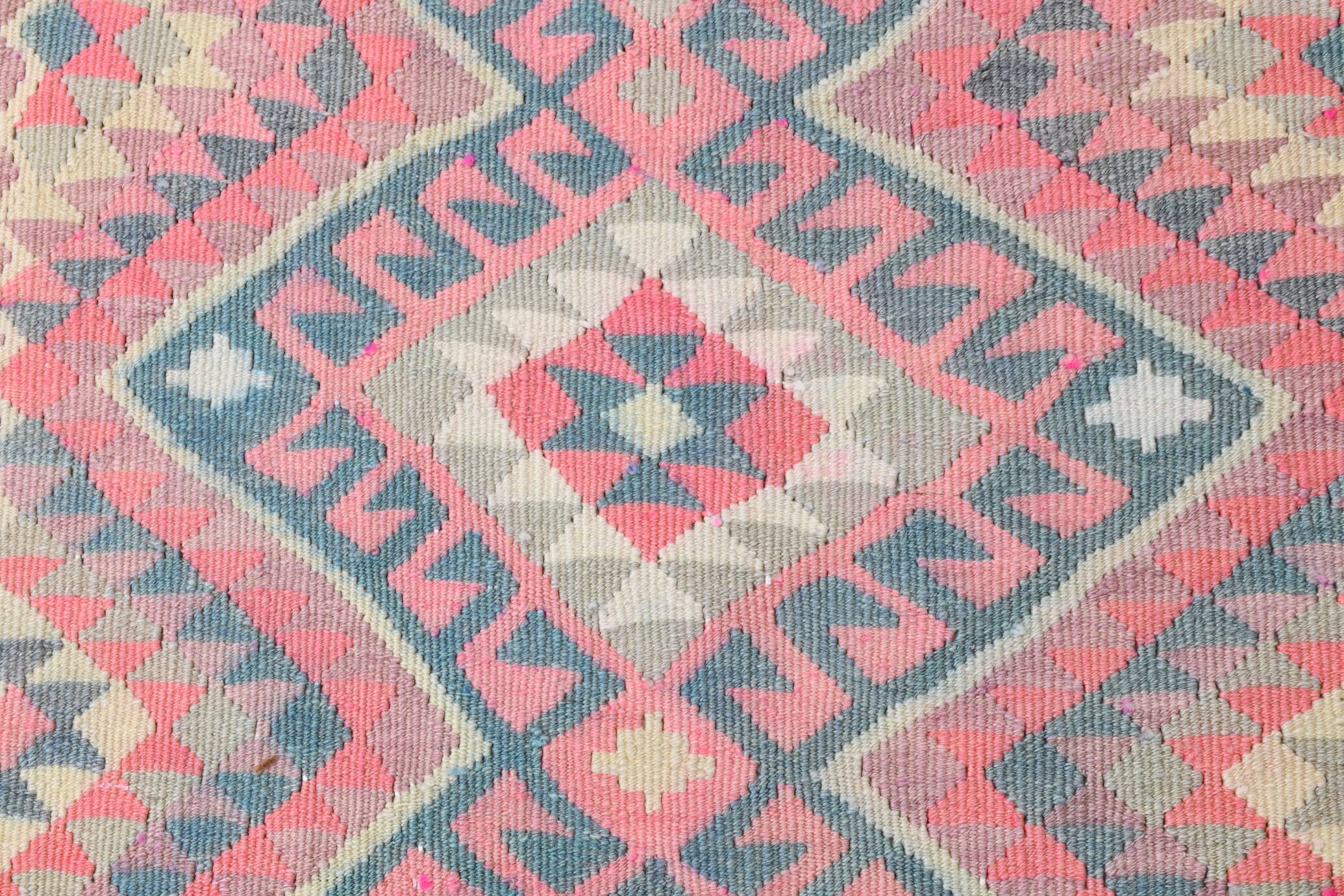 3x12 Soft Wool Pink Oriental Vintage Kilim Runner Rug