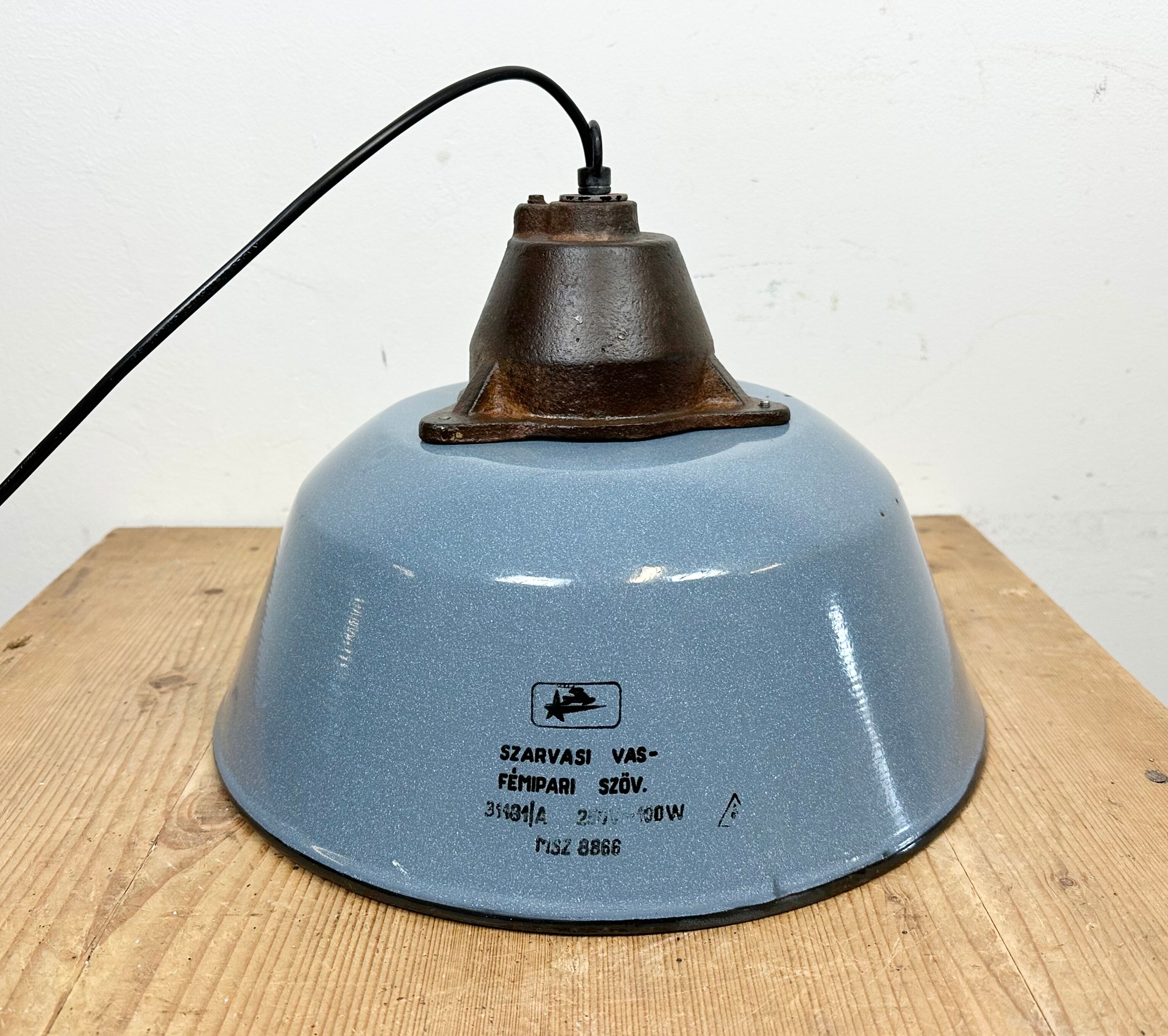 Industrial Grey Enamel and Cast Iron Pendant Light with Glass Cover, 1960s