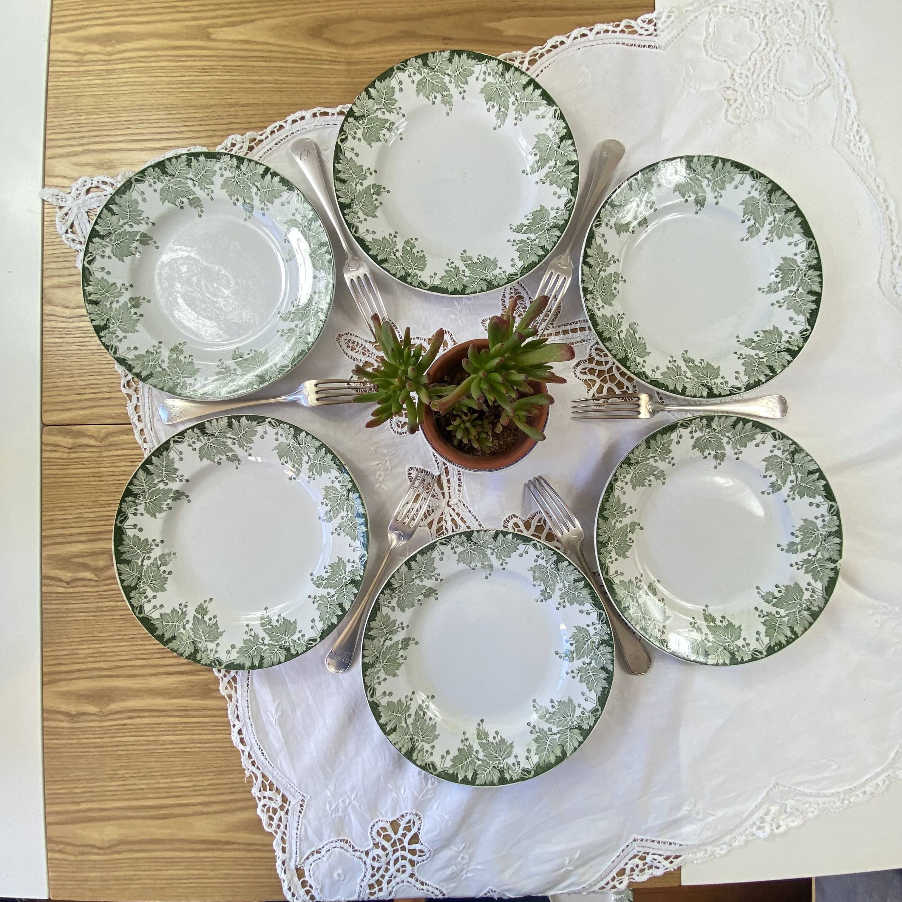 6 flat plates in ironstone from Saint Amand and Hamage, Platane green model.