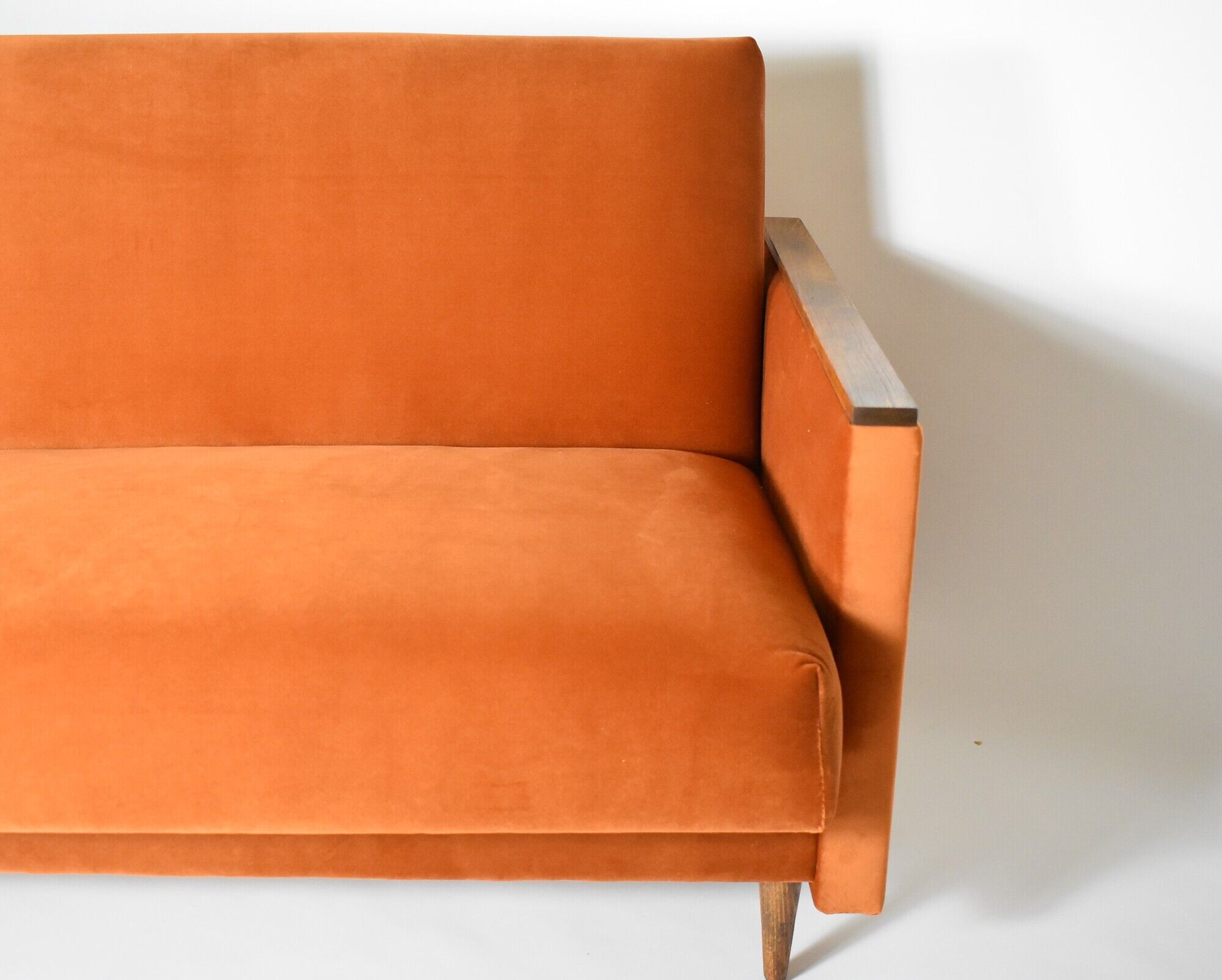 Vintage sofa, convertible couch, fully restored, 1960s, russet orange velvet