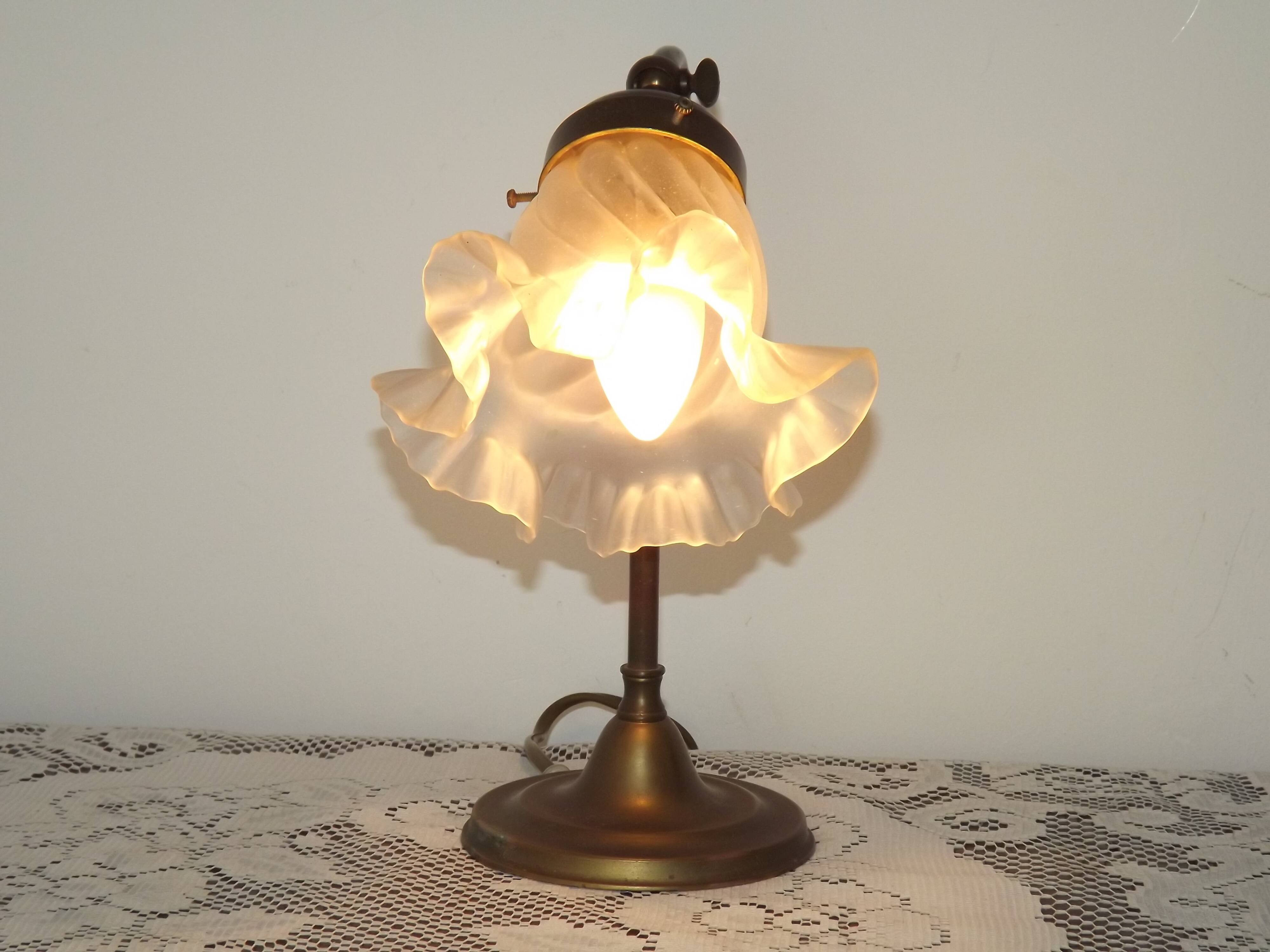 Vintage French Brass Gooseneck Table Lamp with Opaque Patterned Glass Shade 5522