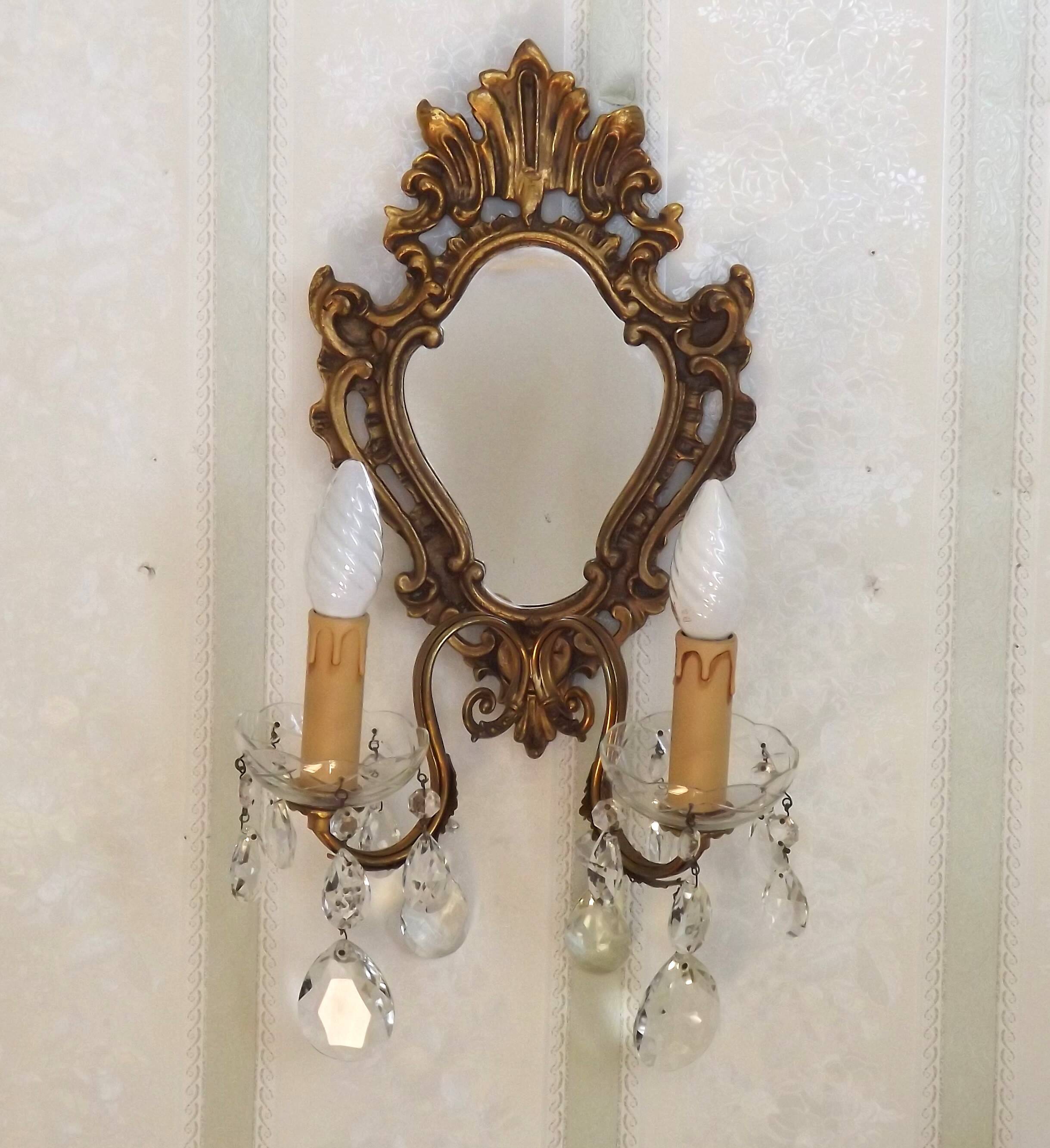 French Antique Gilt Bronze Baroque Double Light Crystal Mirror Wall Sconce 4807