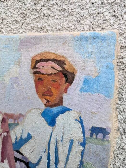 Oil on canvas, painting of young men.