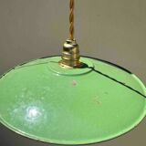 Lot of 3 vintage pendant lampshades in green and white enamelled sheet metal, industrial farm