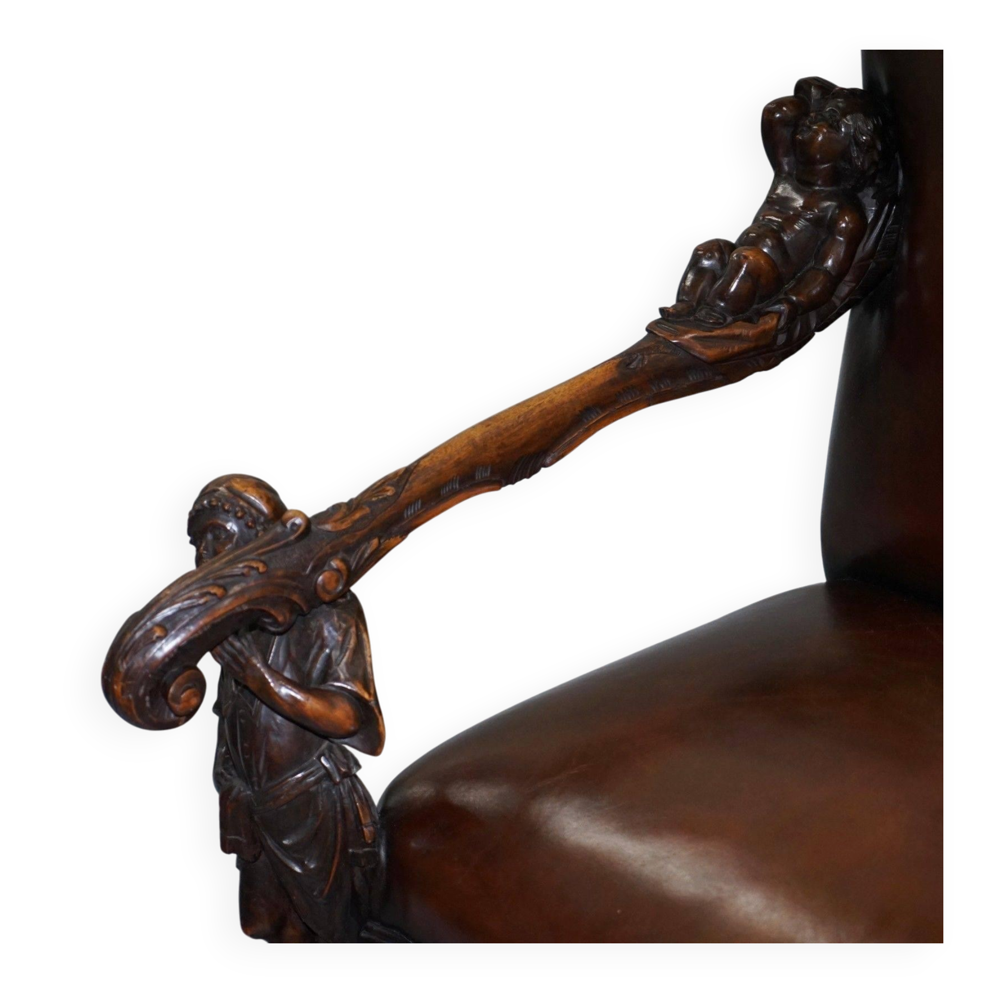 Carved Walnut Baroque Venetian Bench with Leather