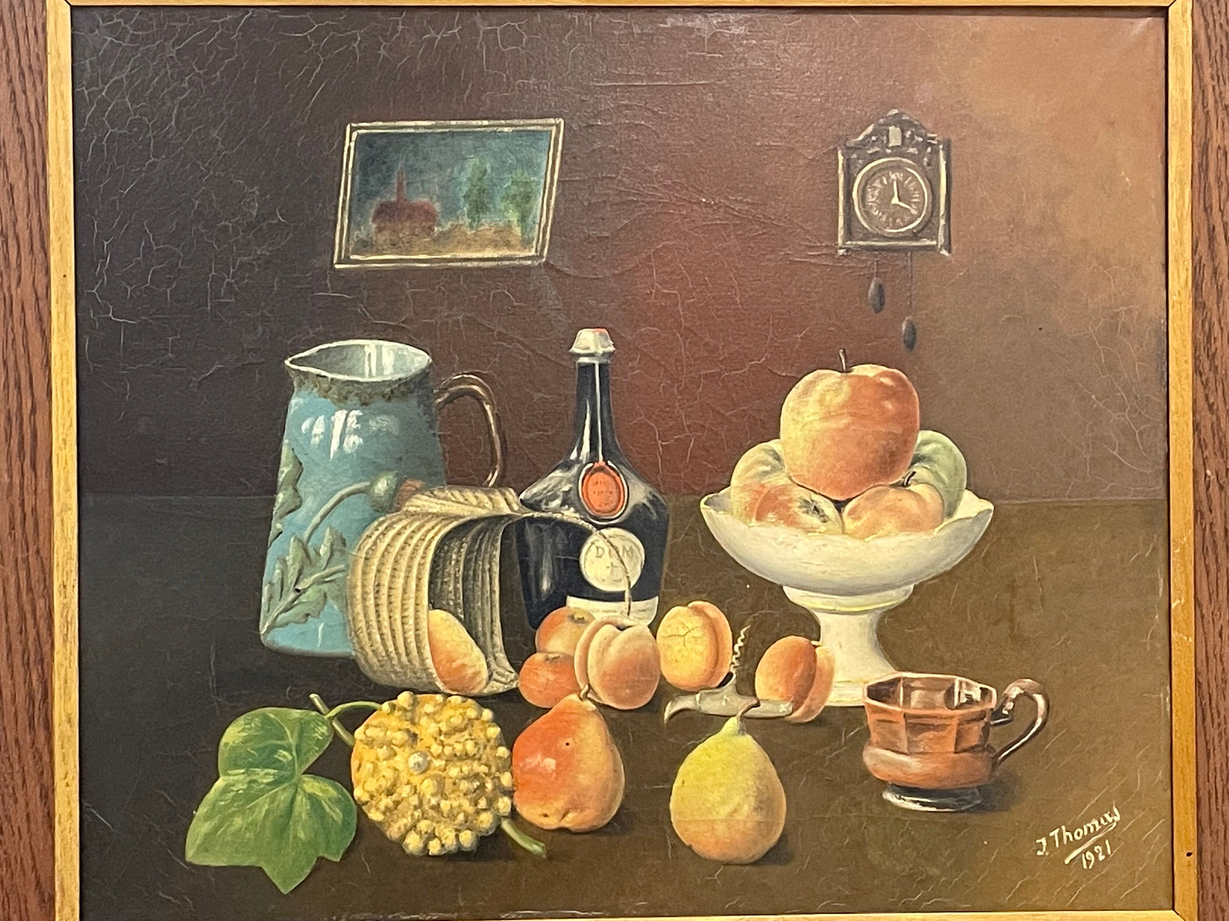 Framed painting oil on canvas still life by J Thomas 1921