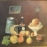 Framed painting oil on canvas still life by J Thomas 1921