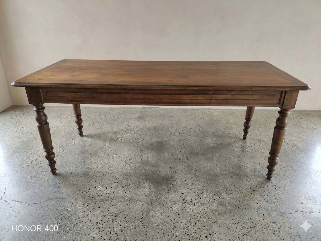 Antique farmhouse table in walnut, turned legs, France