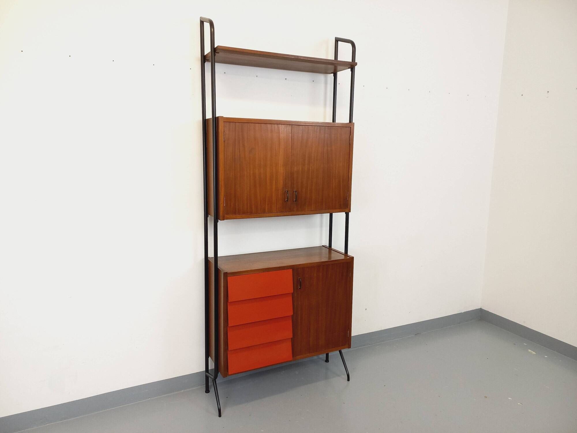 Vintage Italian modular bookcase in teak, metal and melamine