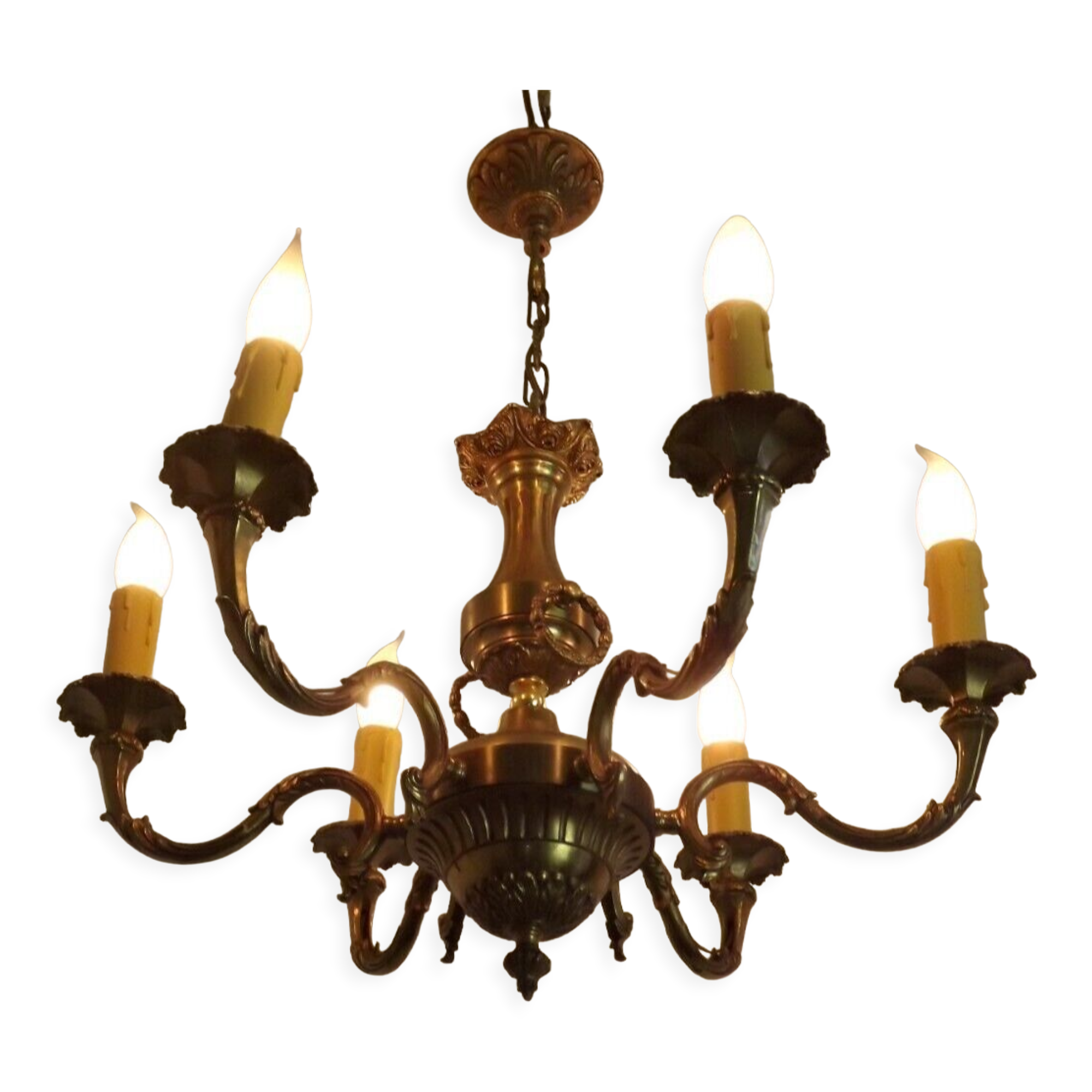 French vintage heavy brass 6 light empire style chandelier