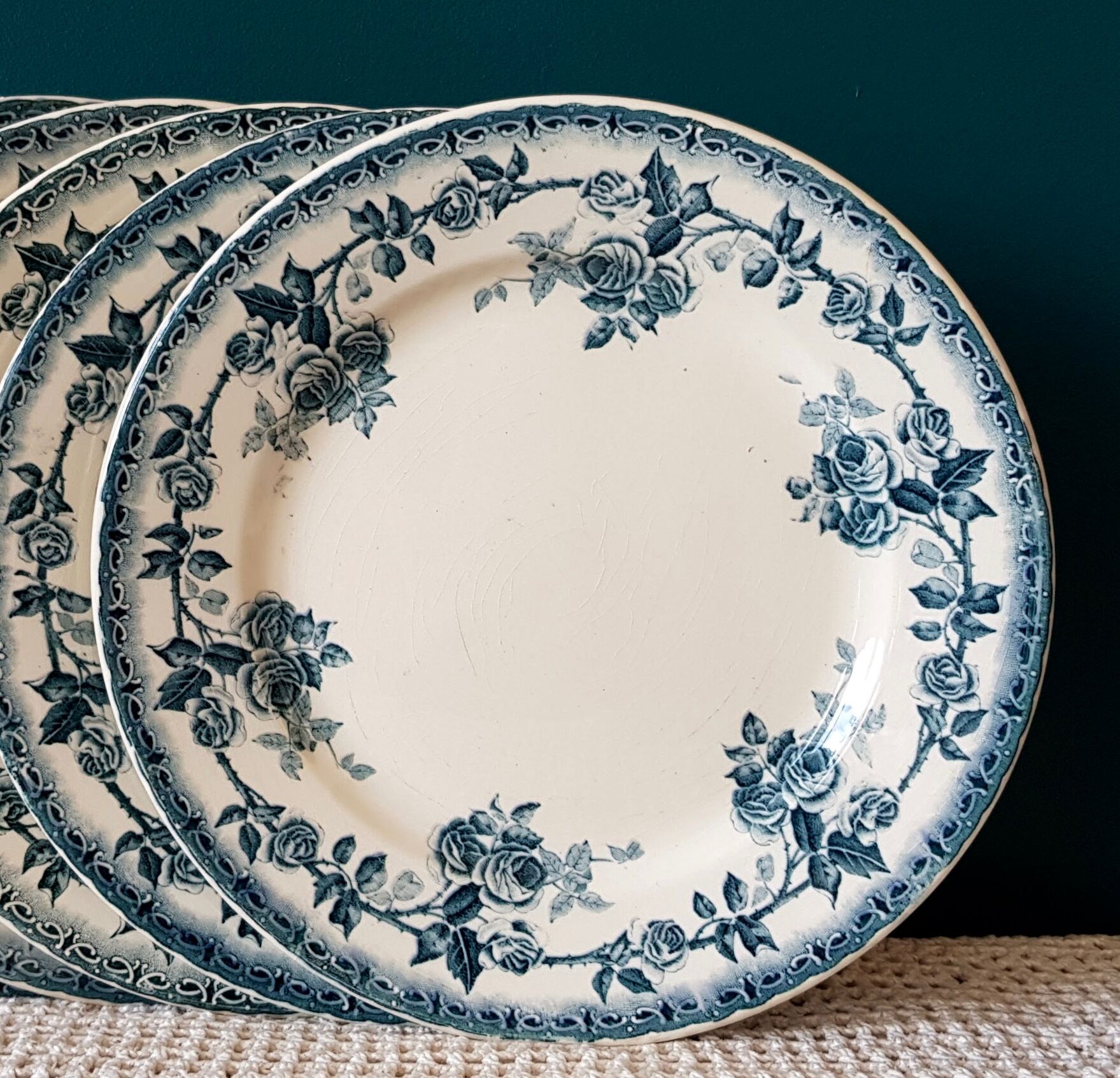 Set of 5 old blue flat plates H.B.&Cie