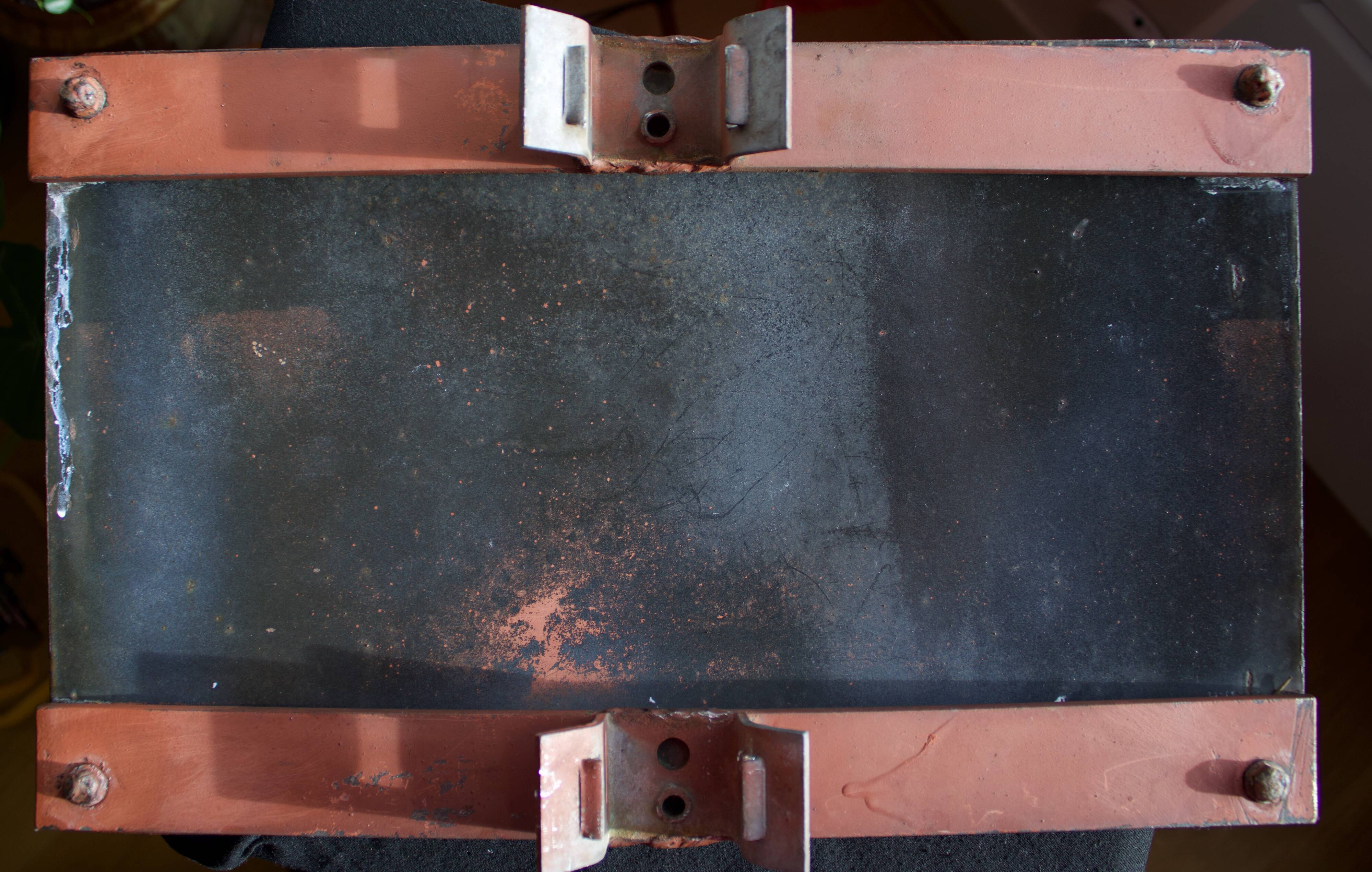 Old Enamelled and bulging "Chemin de la Rente" street plate, in perfect condition, on its cast iron support