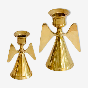 Duo of brass angel candle holders