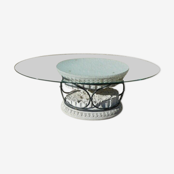 Greek column coffee table in iron forge and glass
