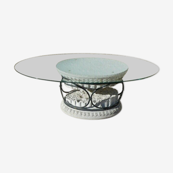 Table basse colonne grecque en fer forge et verre