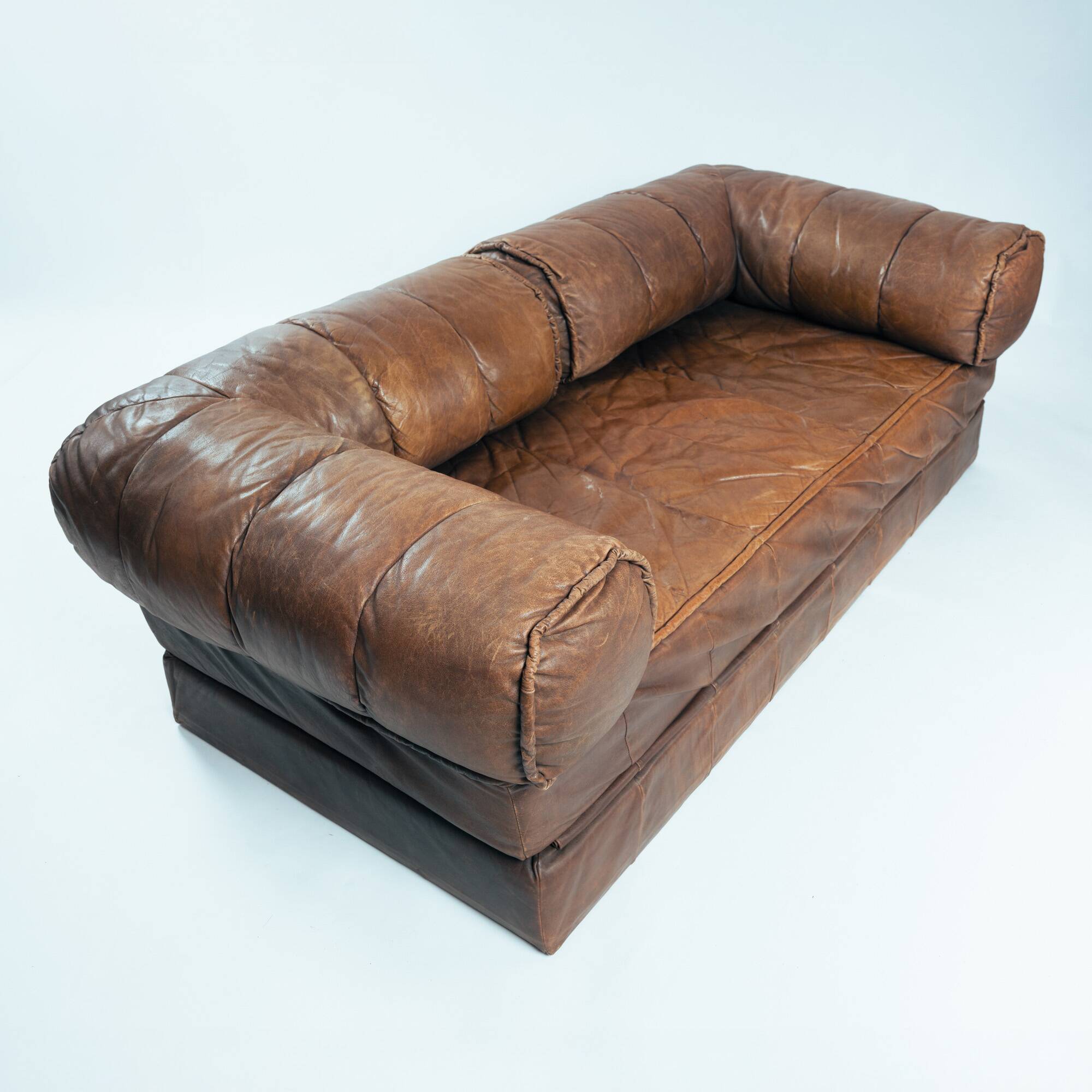 Brown Modular Leather Patchwork Sleeping Sofa Daybed, 1970s