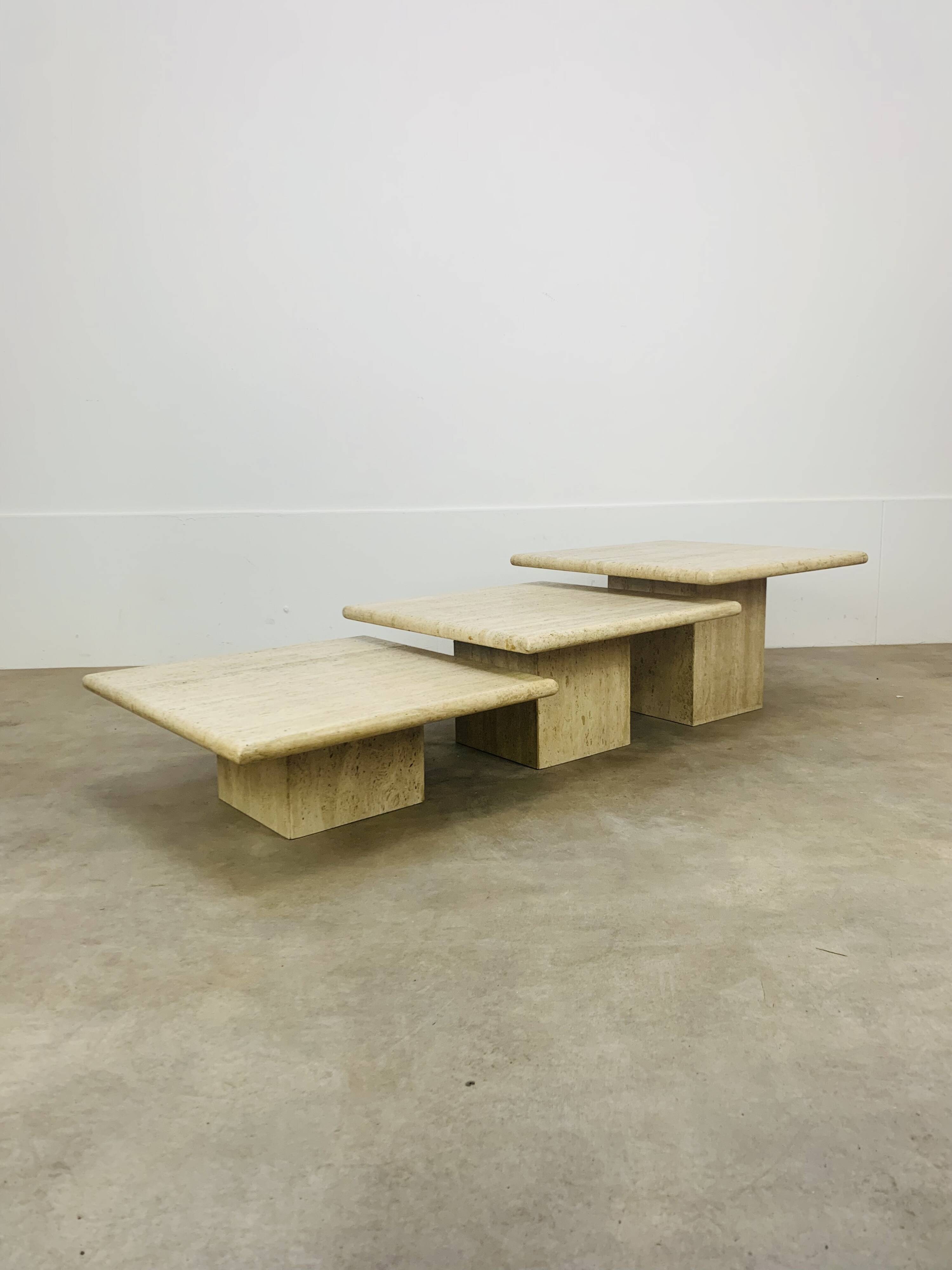 Trio vintage travertine nesting coffee tables