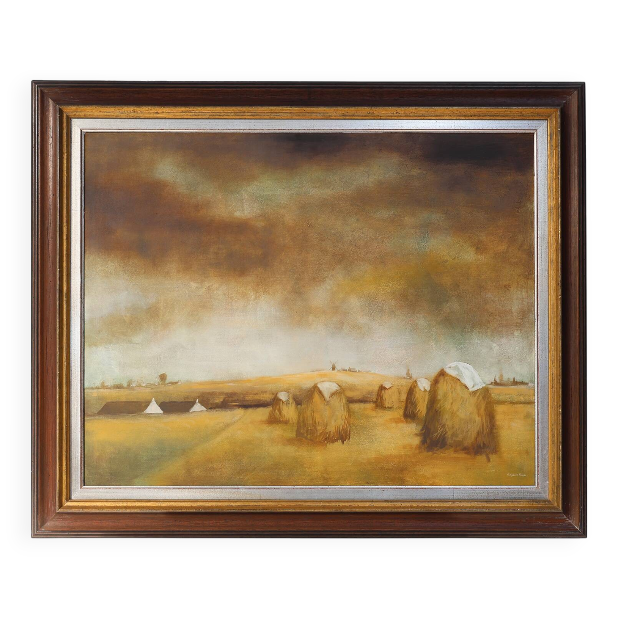 Large signed painting of a hay landscape from the Belgian painter Frank Bog