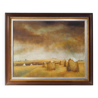 Large signed painting of a hay landscape from the Belgian painter Frank Bog