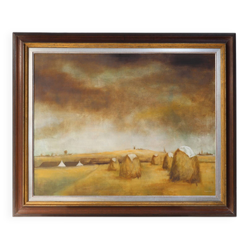 Large signed painting of a hay landscape from the Belgian painter Frank Bog