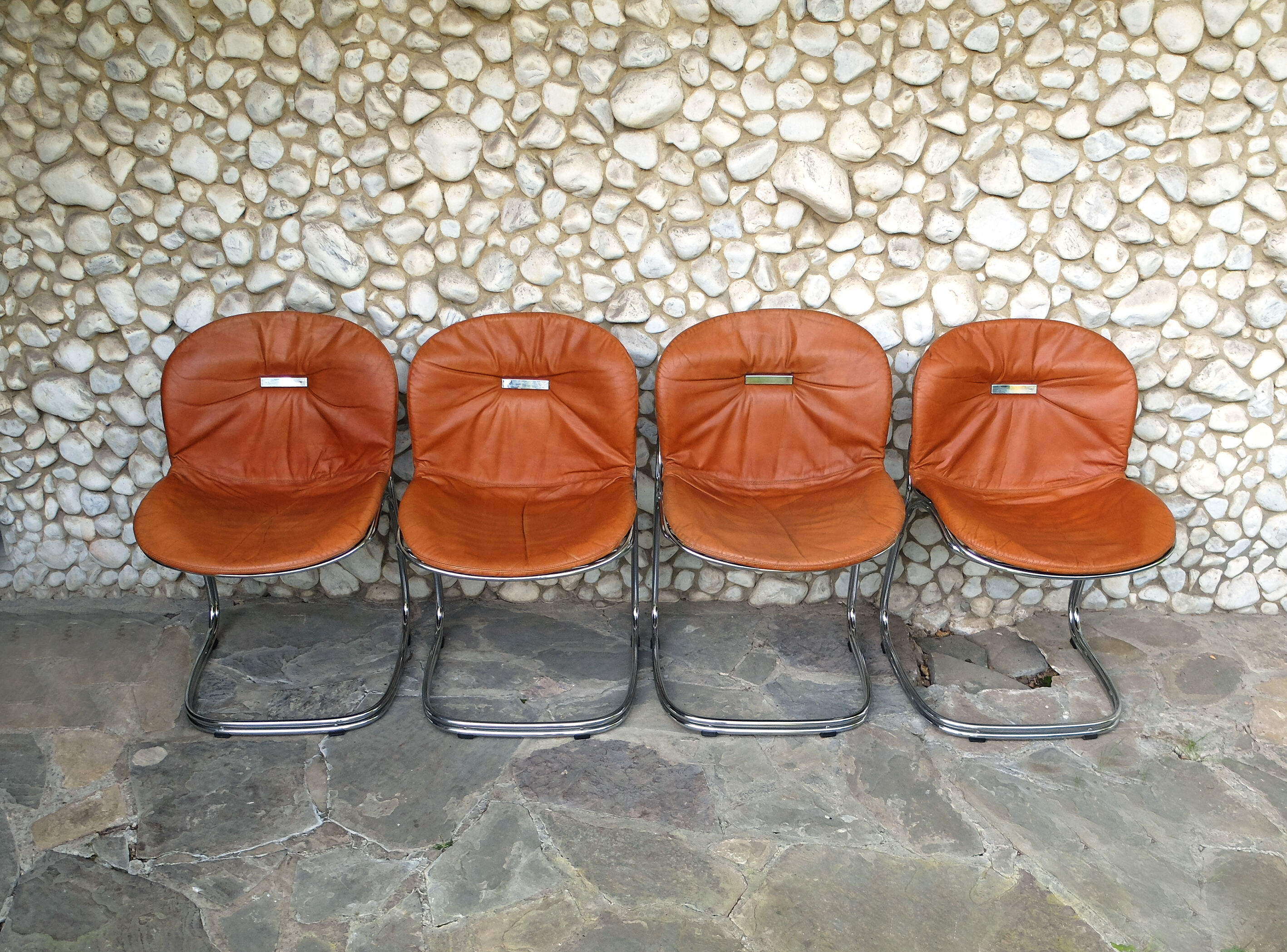 Seérie of 4 chairs Sabrina design Gastone Rinaldi for Rima, tawny leather, 1970