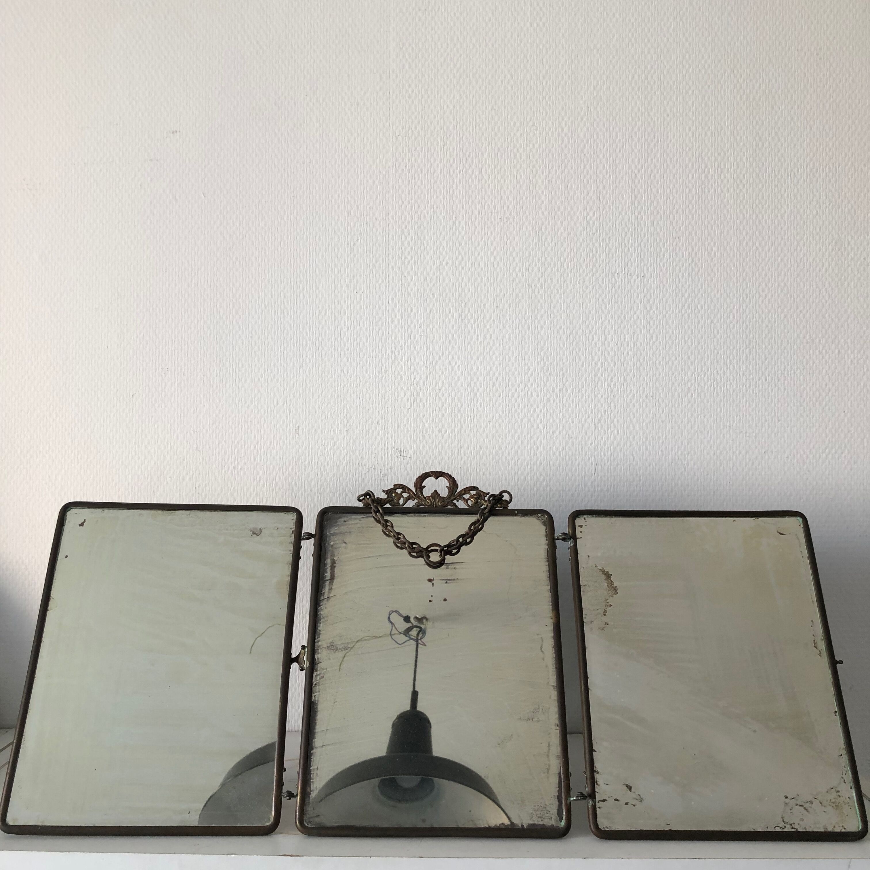 Mirror triptych Barber brass nickeled vintage 1920, 28x67cm