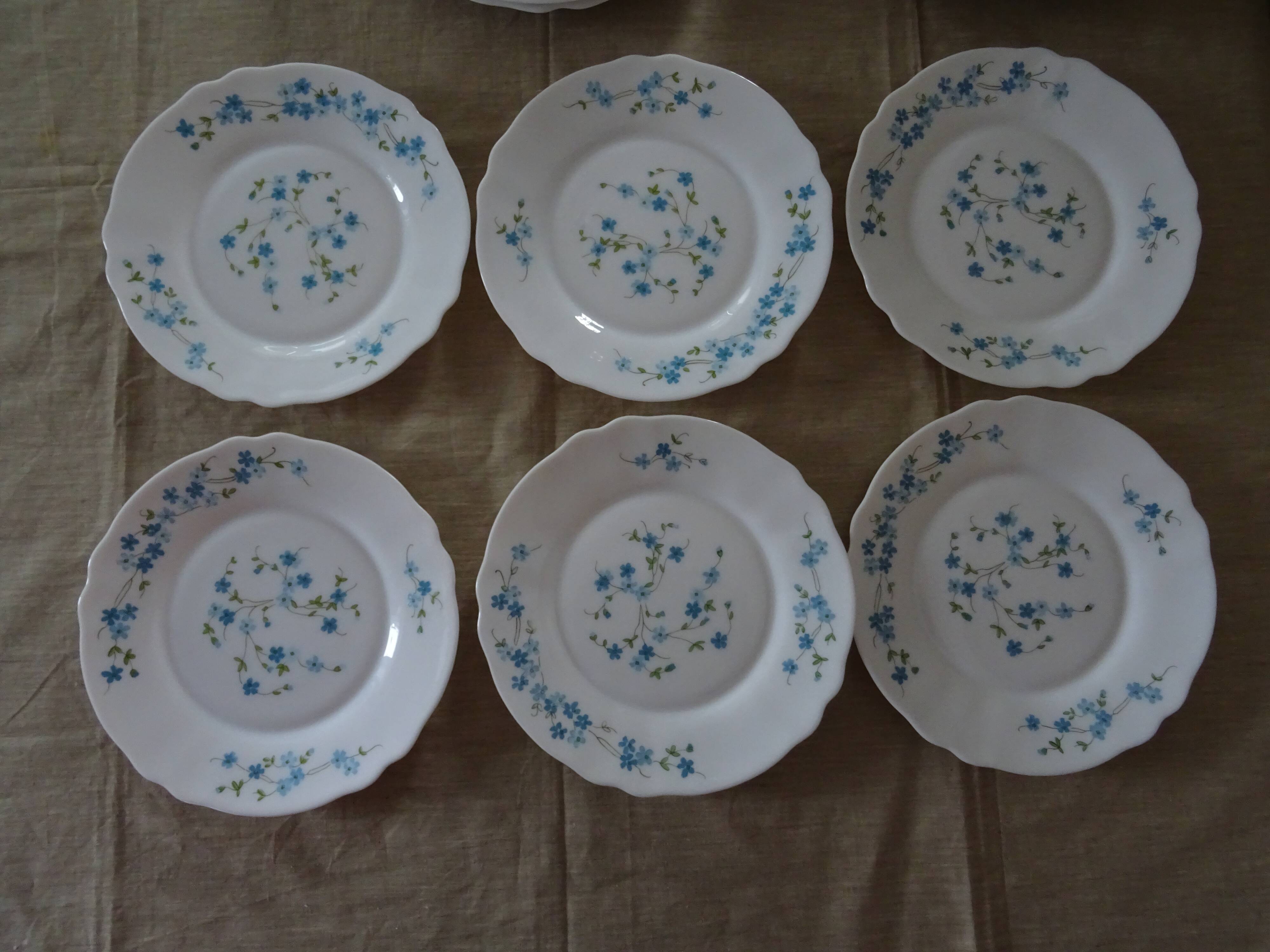 18 Plates Flat Desserts Hollow VERONICA BLUE FLOWERS Arcopal forget-me-not Lot EJ