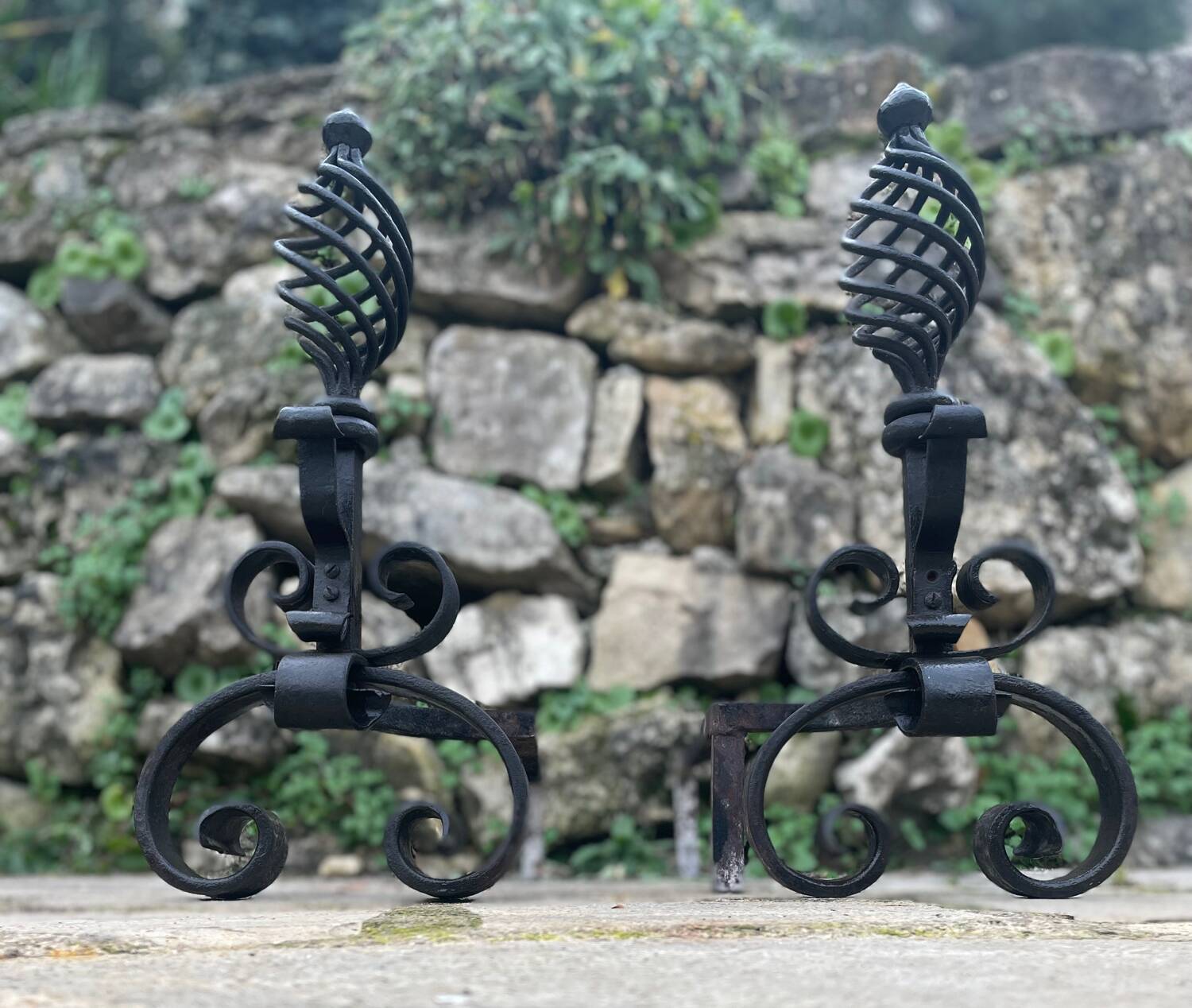 Pair of wrought iron fire dogs