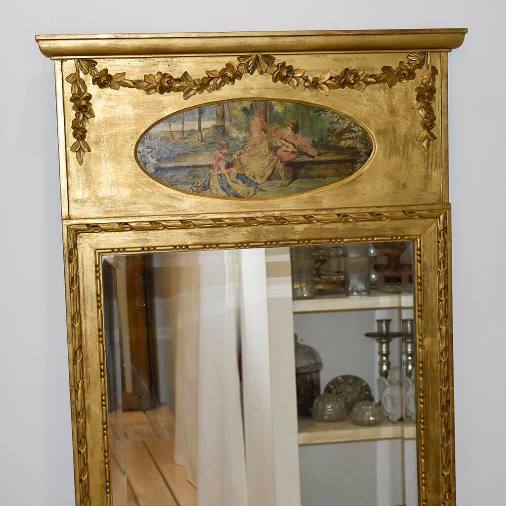 Mirror trumeau old golden wood carved pediment floral romantic painting h 135 cm
