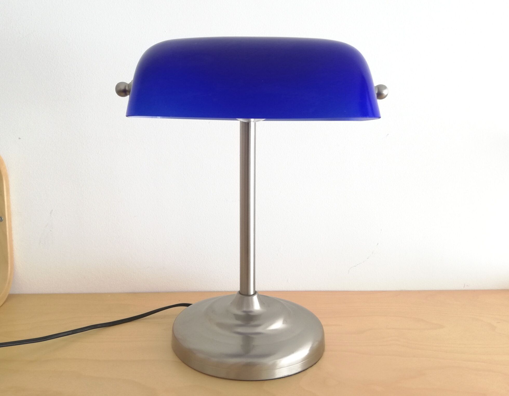 Blue glass and brass bankers lamp