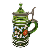 Chope à bière ancienne en verre émaillé vert – Décor floral -