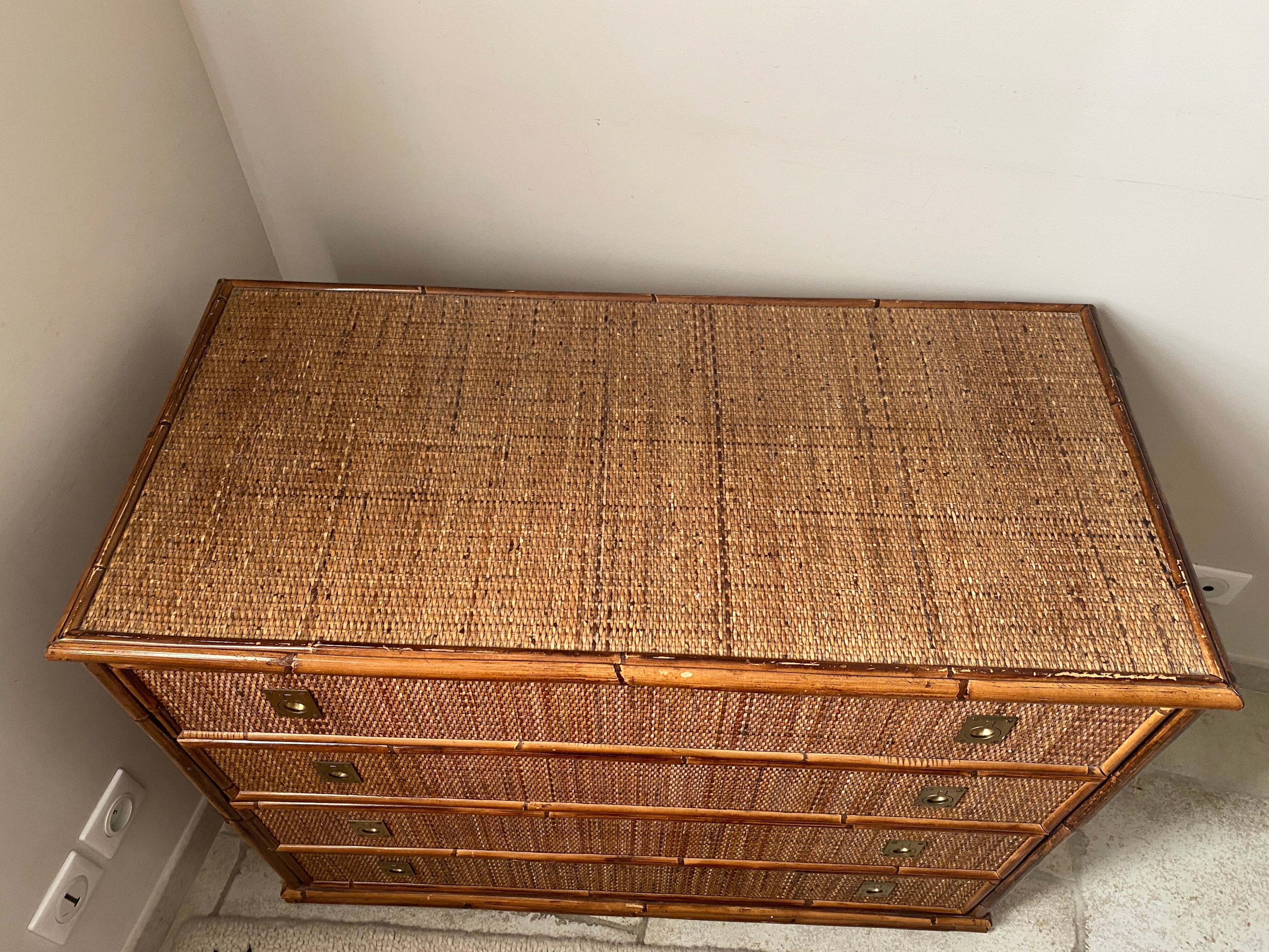 Dal Vera chest of drawers in woven rattan and bamboo Italian design 1970