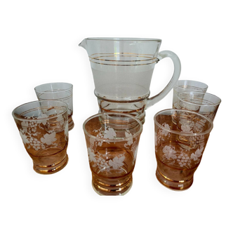 Glass carafe set with gilding and marbling, with 6 associated glasses