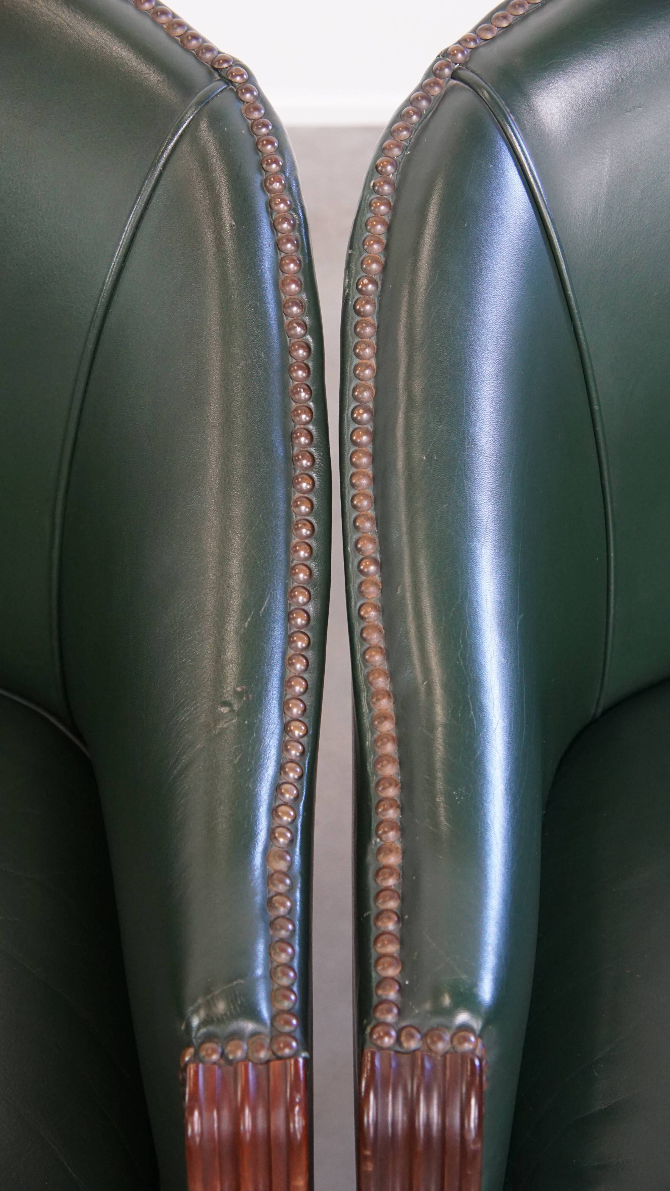 Set of 2 Green Cowhide Leather and Wooden Side/Dining/Office Chairs