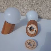 Pair of vintage wall lights in varnished pine and opal glass, 1970s-80s.
