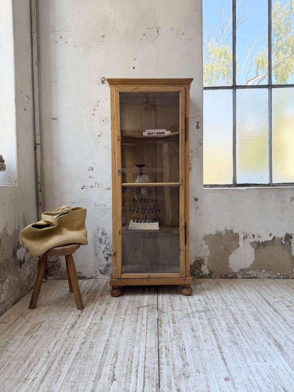 19th-century English pine display cabinet