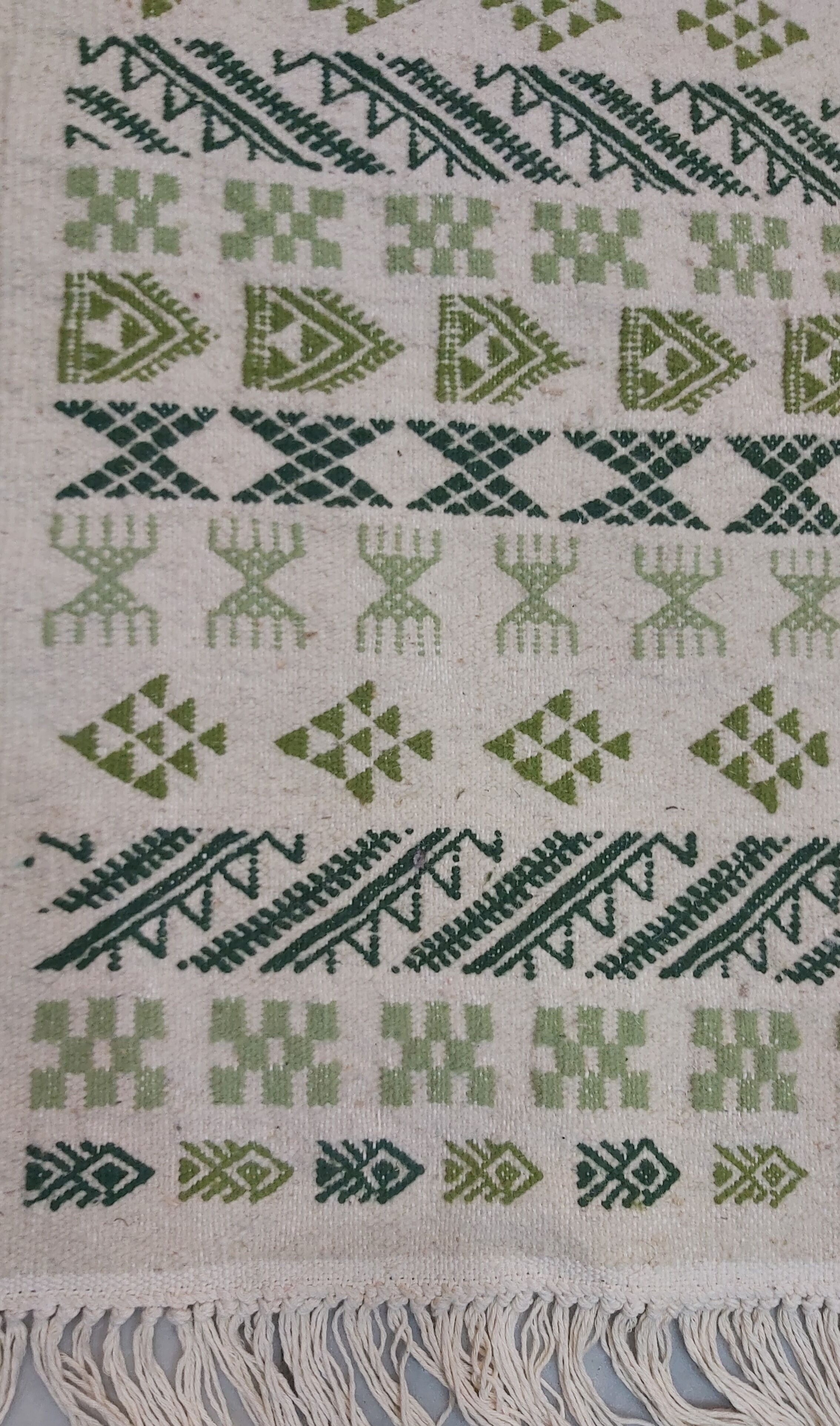 Handmade white and green carpet 79x145cm