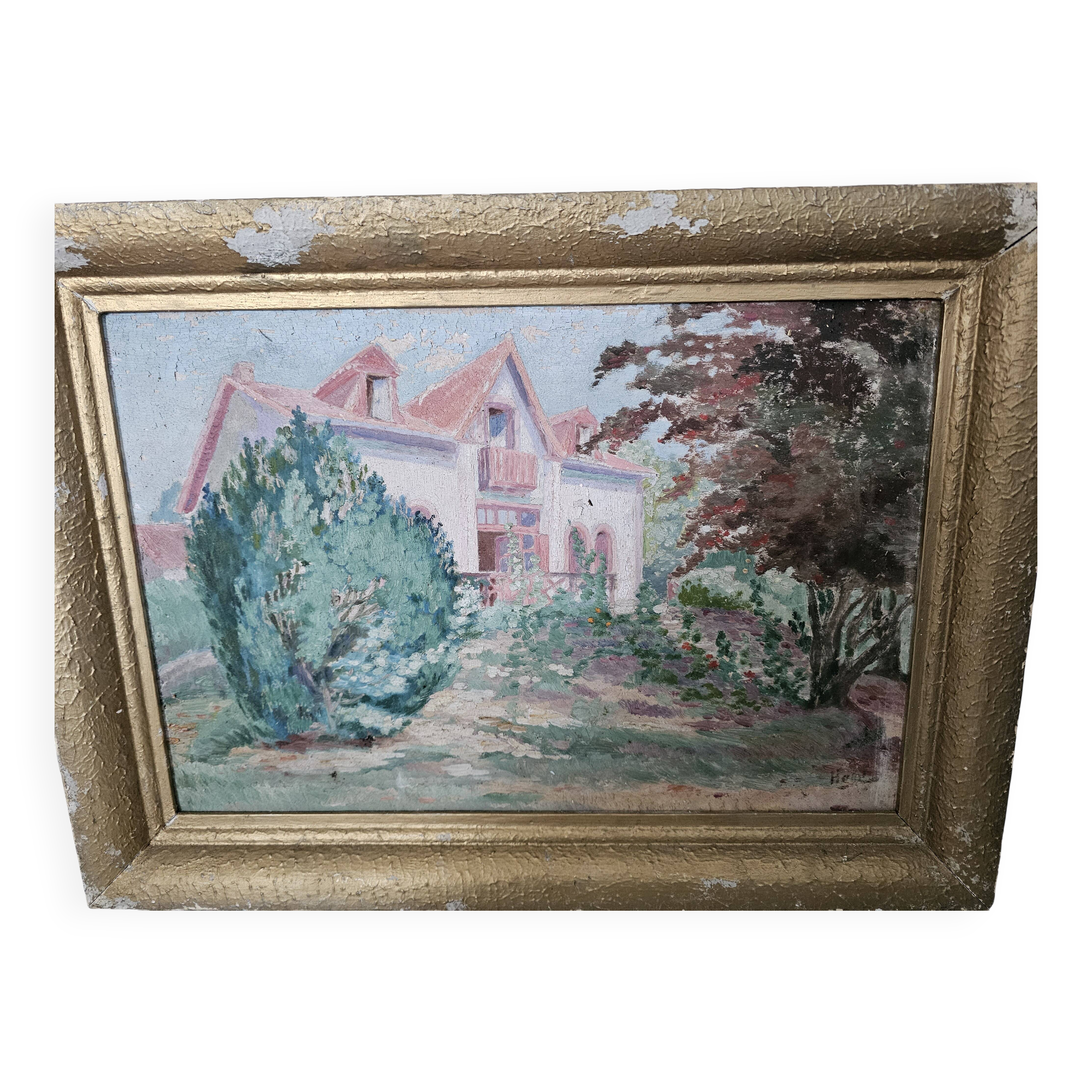 Oil painting on hardboard - Bourgeois house Signed Henri (Missing)