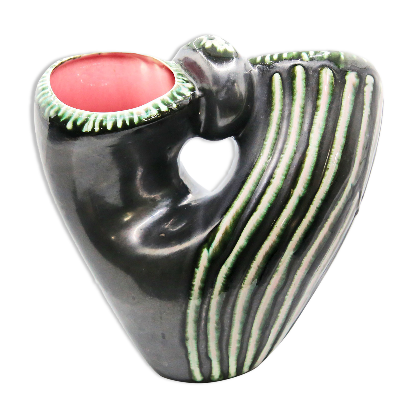 Black and green ceramic basket vase with white stripes from Bauzio in Vallauris, 1957