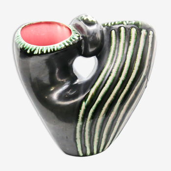 Vase panier en céramique noire et verte à rayures blanches de Bauzio à Vallauris, 1957