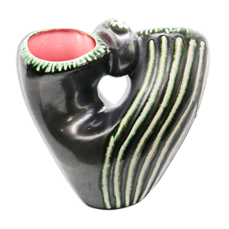 Black and green ceramic basket vase with white stripes from Bauzio in Vallauris, 1957