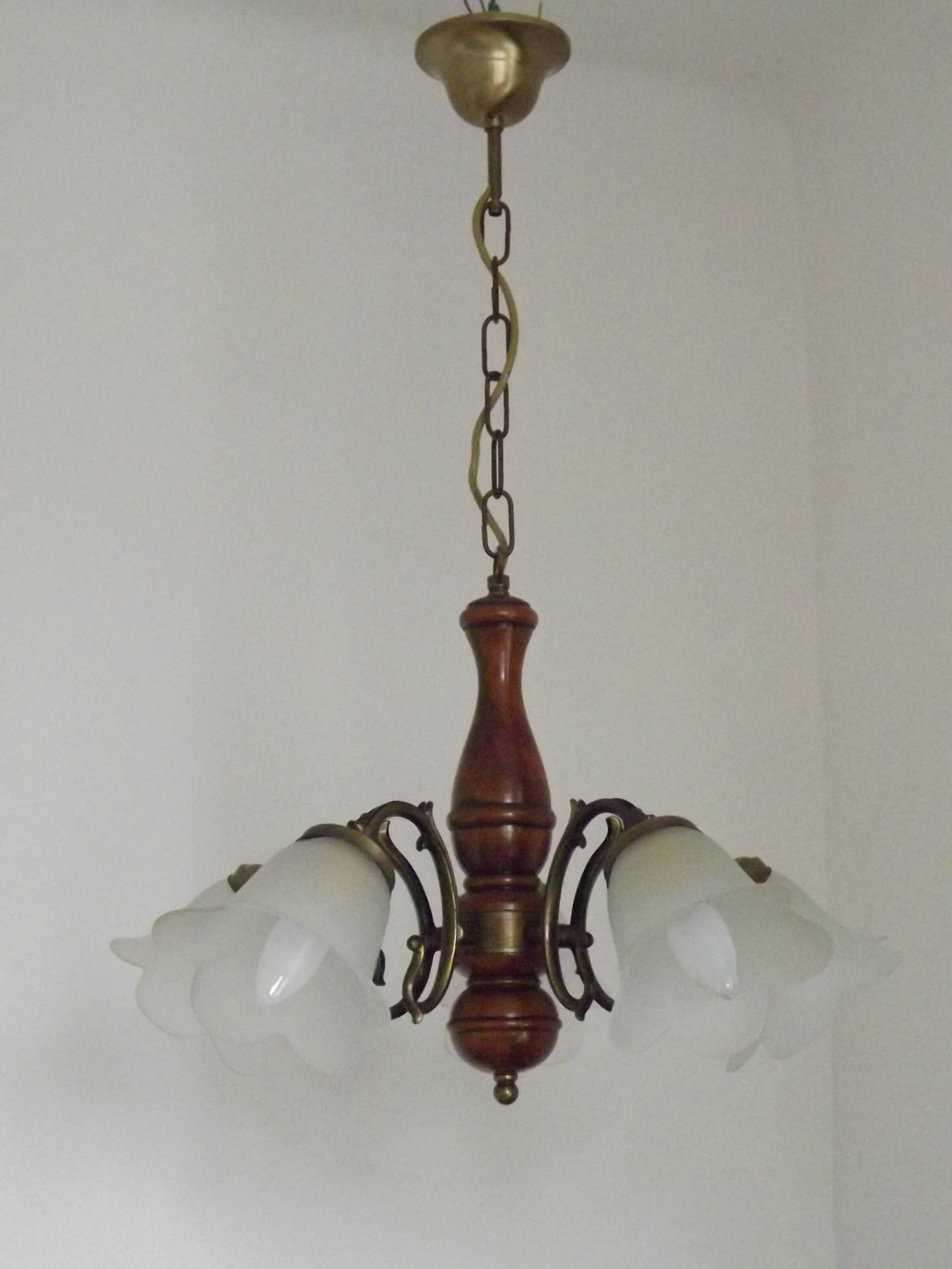 French Mid-Century Bronzed Metal & Wood 5-Light Chandelier with Glass Shades