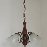French Mid-Century Bronzed Metal & Wood 5-Light Chandelier with Glass Shades