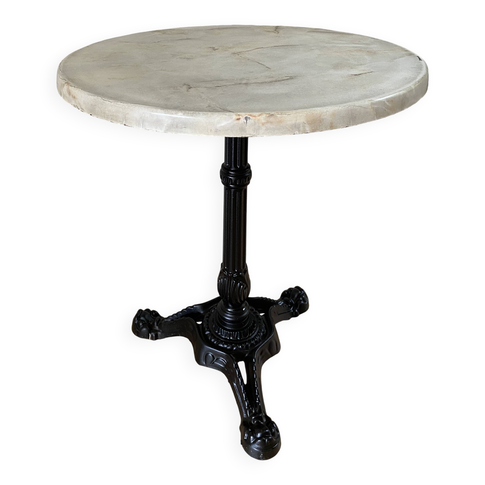 Bistro table, vintage side table, cast iron legs, imitation resin top