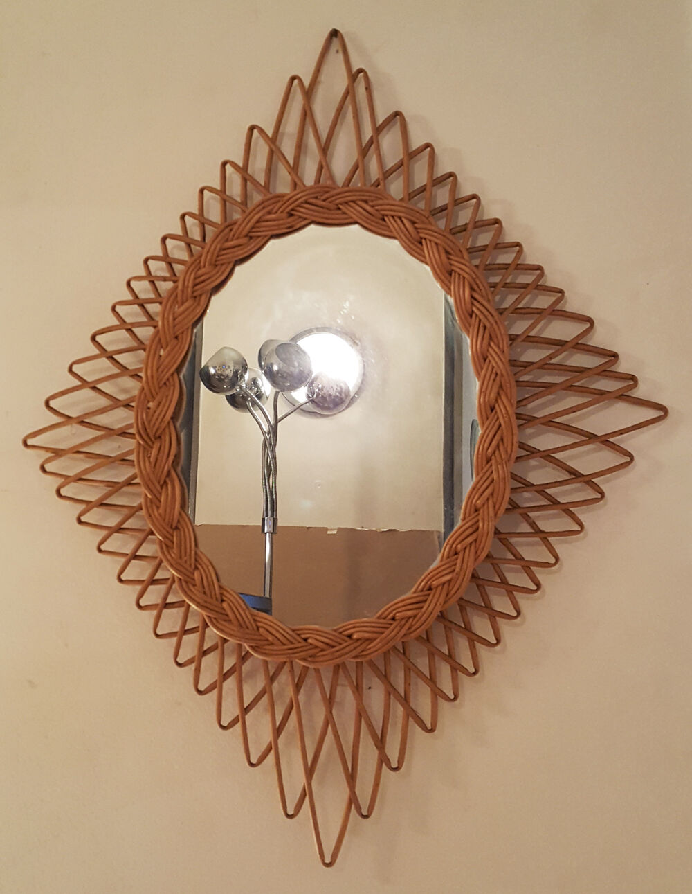 Mirror rattan vintage the "diamond" TBE 60 years 45x59cm